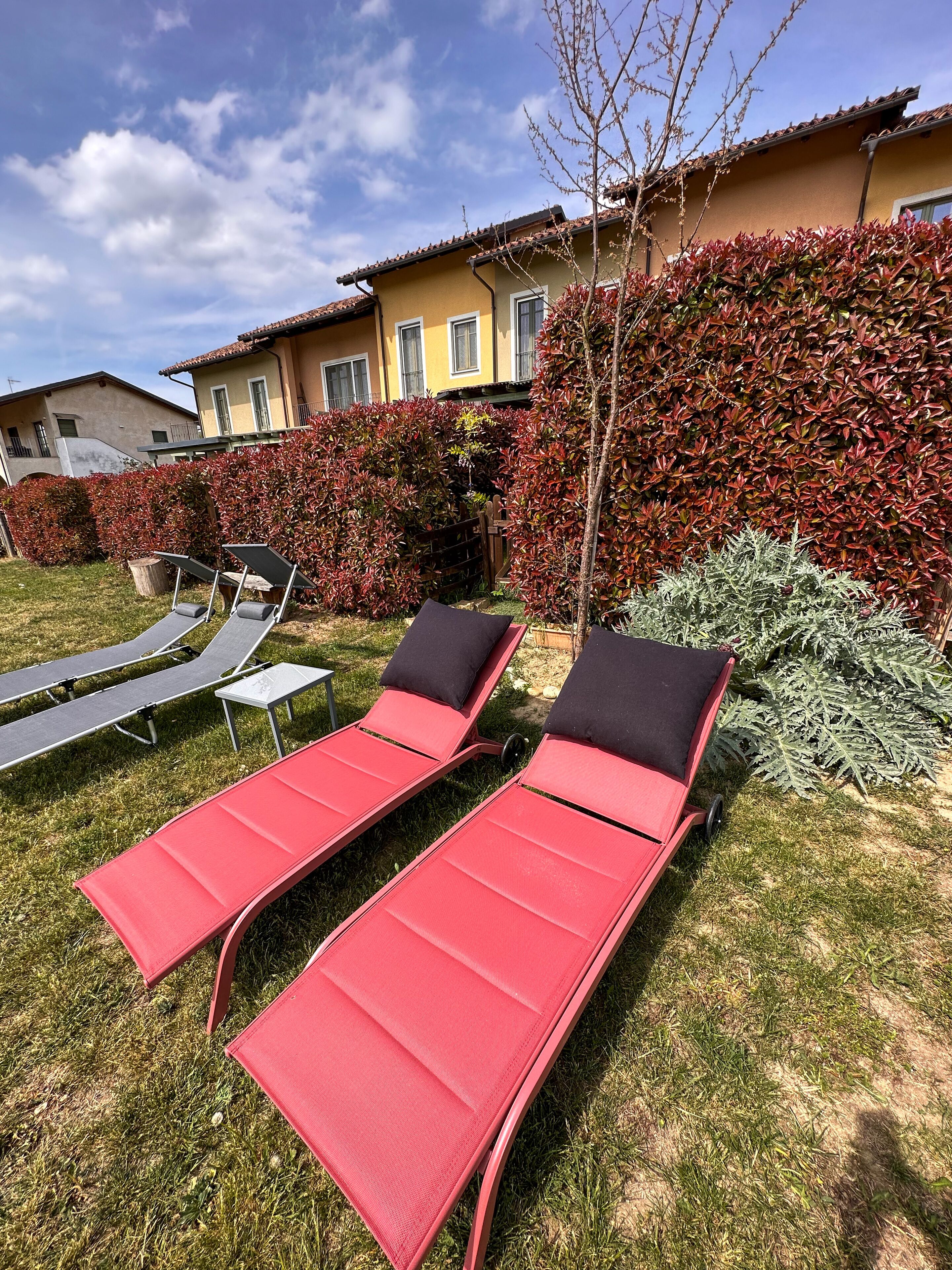 A garden with two red lounge chairs, a small table, and a hedge.