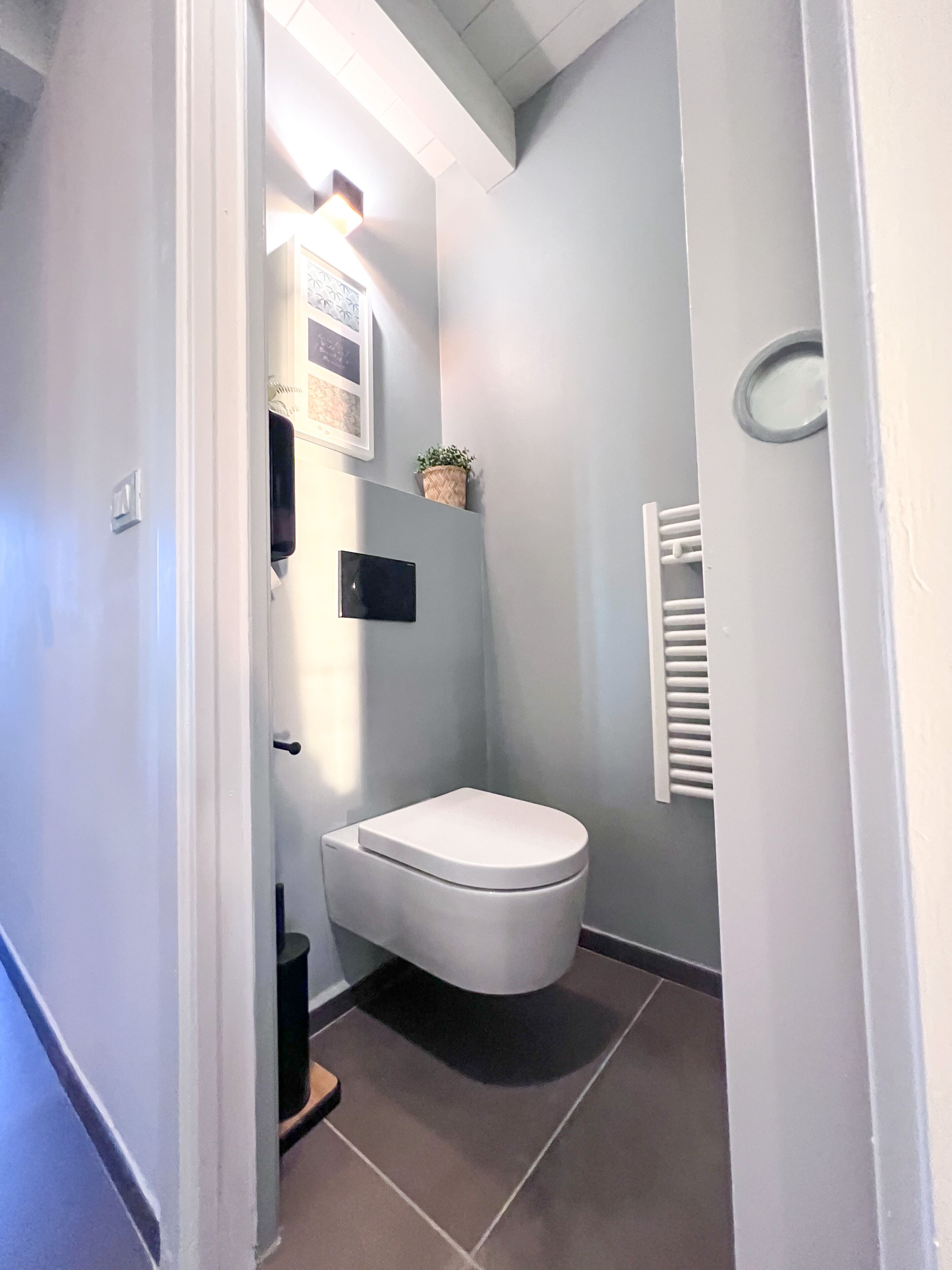 A compact bathroom with a white toilet, a small shelf with a potted plant, a wall-mounted light, and a towel rack.