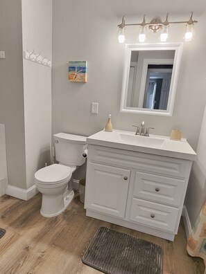 Une salle de bain comprenant des toilettes, un lavabo, un meuble-lavabo et un miroir.