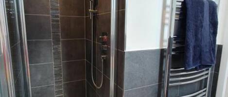 A walk-in shower with a glass door, a towel rack with a blue towel, and a metal towel rack.