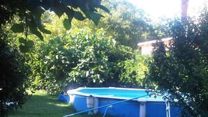Ein Pool in einem Garten mit dichtem Grünwerk und einem Gebäude im Hintergrund.