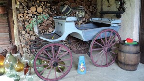 Ein rustikaler Innenraum mit Kaminofen, Holzstapel und alten Glasflaschen.