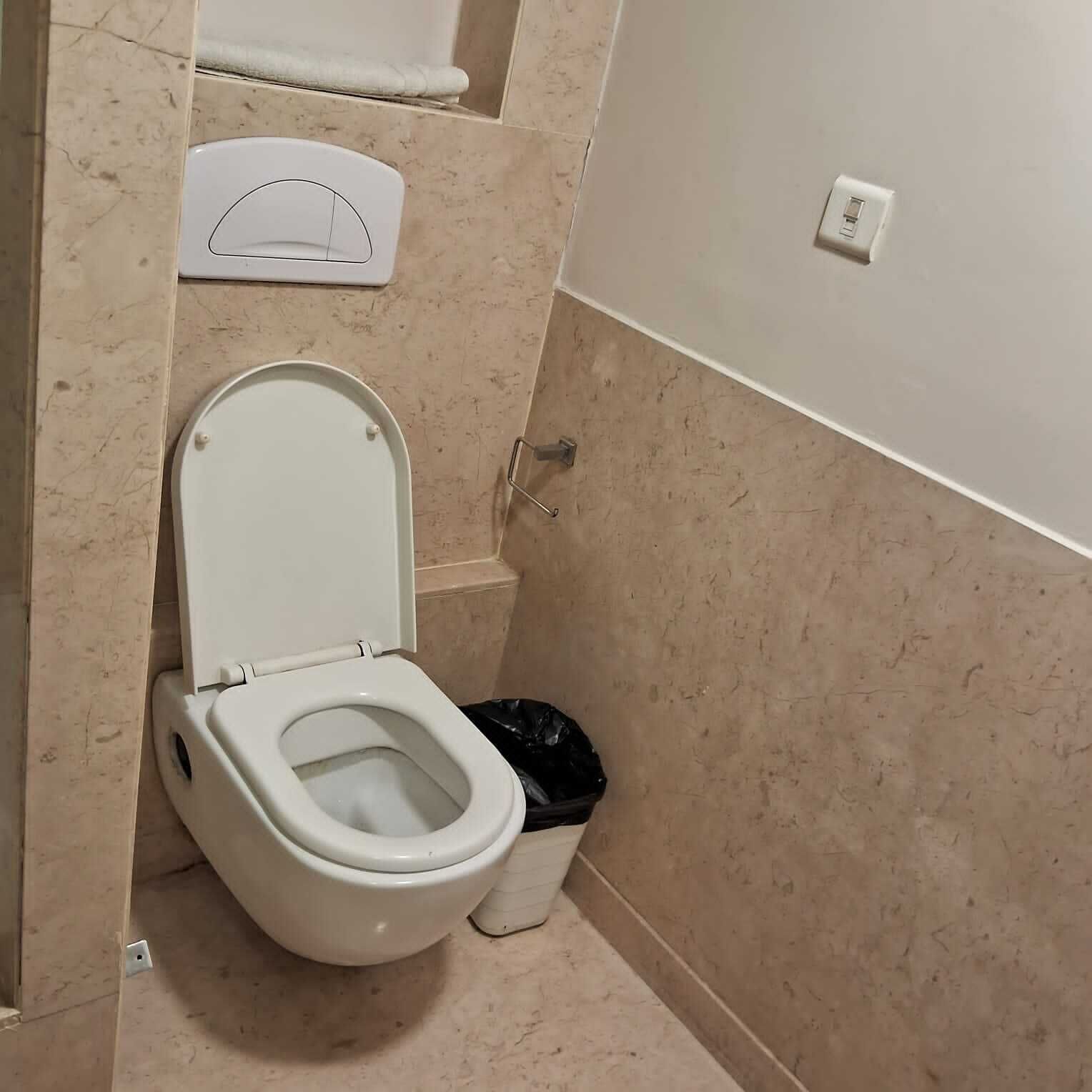 Un baño pequeño con inodoro, un bote de basura y un dispensador de jabón en la pared.