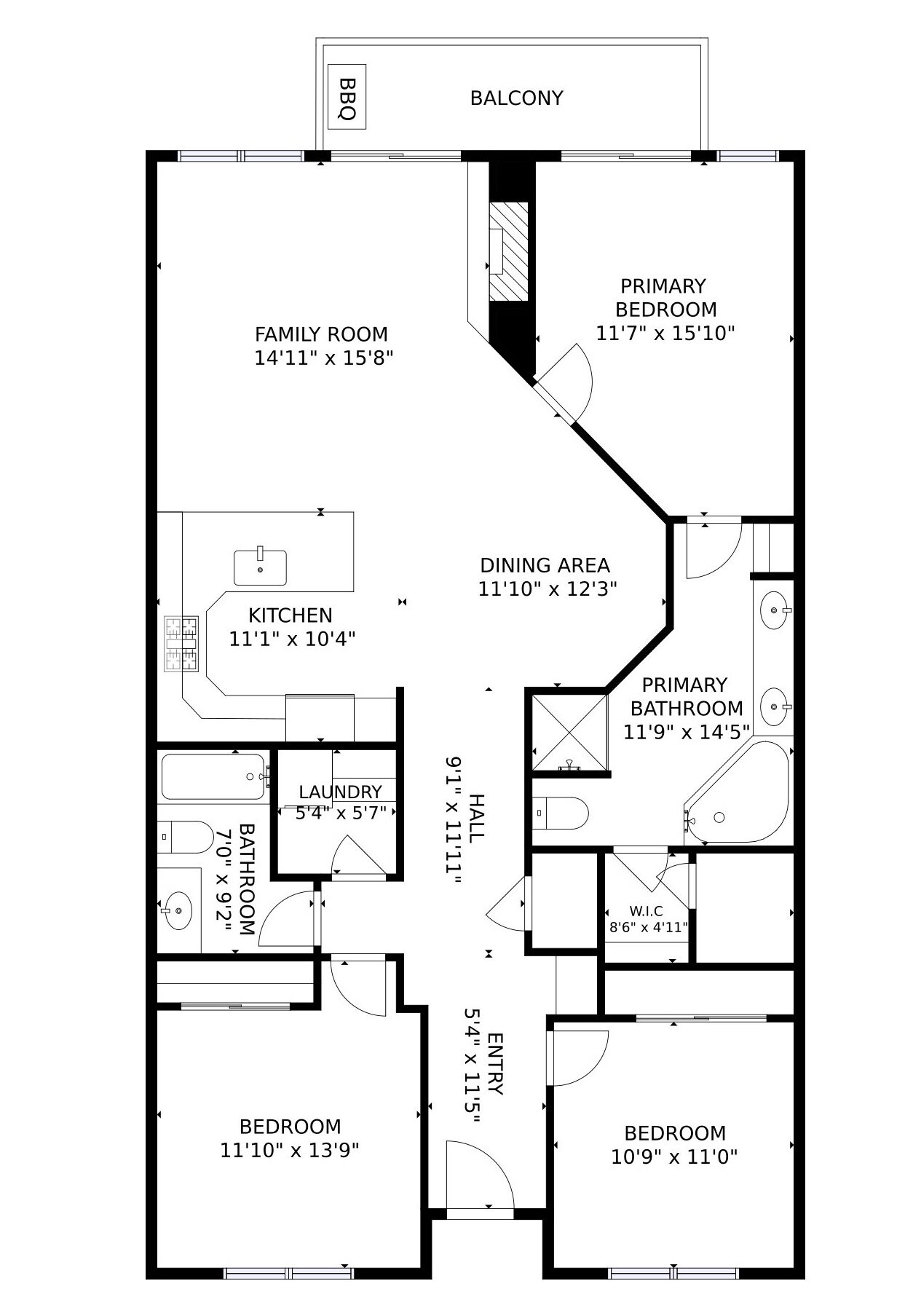 A floor plan of a house with a family room, two bedrooms, a balcony, a kitchen, a dining area, a bathroom, a laundry room, and a hall.