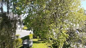 A tree-lined street with a parked car and a building in the background. - Agréable Appartement Dans Résidence Avec Jardin Très Proche des Commodités (Pont-l'Abbé)