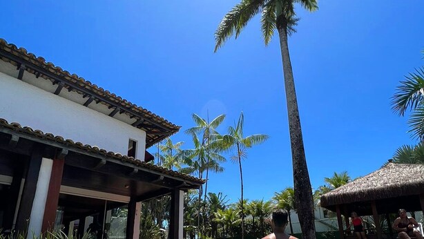 A man in a swimming pool with a clear blue sky and palm trees in the background. - Hotel Casa Paradiso (Guarujá)