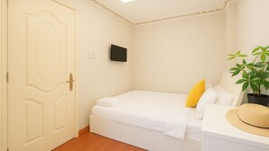 A bedroom with a bed, a television, a potted plant, and a door. - HANZ 4013 Hotel Saigon (Ho Chi Minh City)