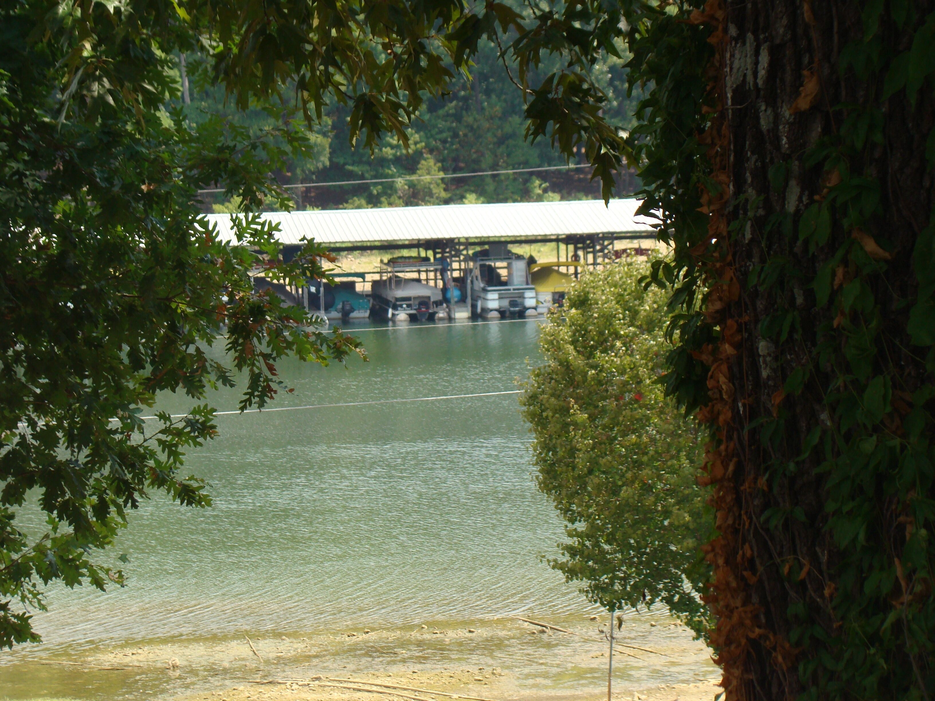 A river with boats docked under a covered area, surrounded by trees.