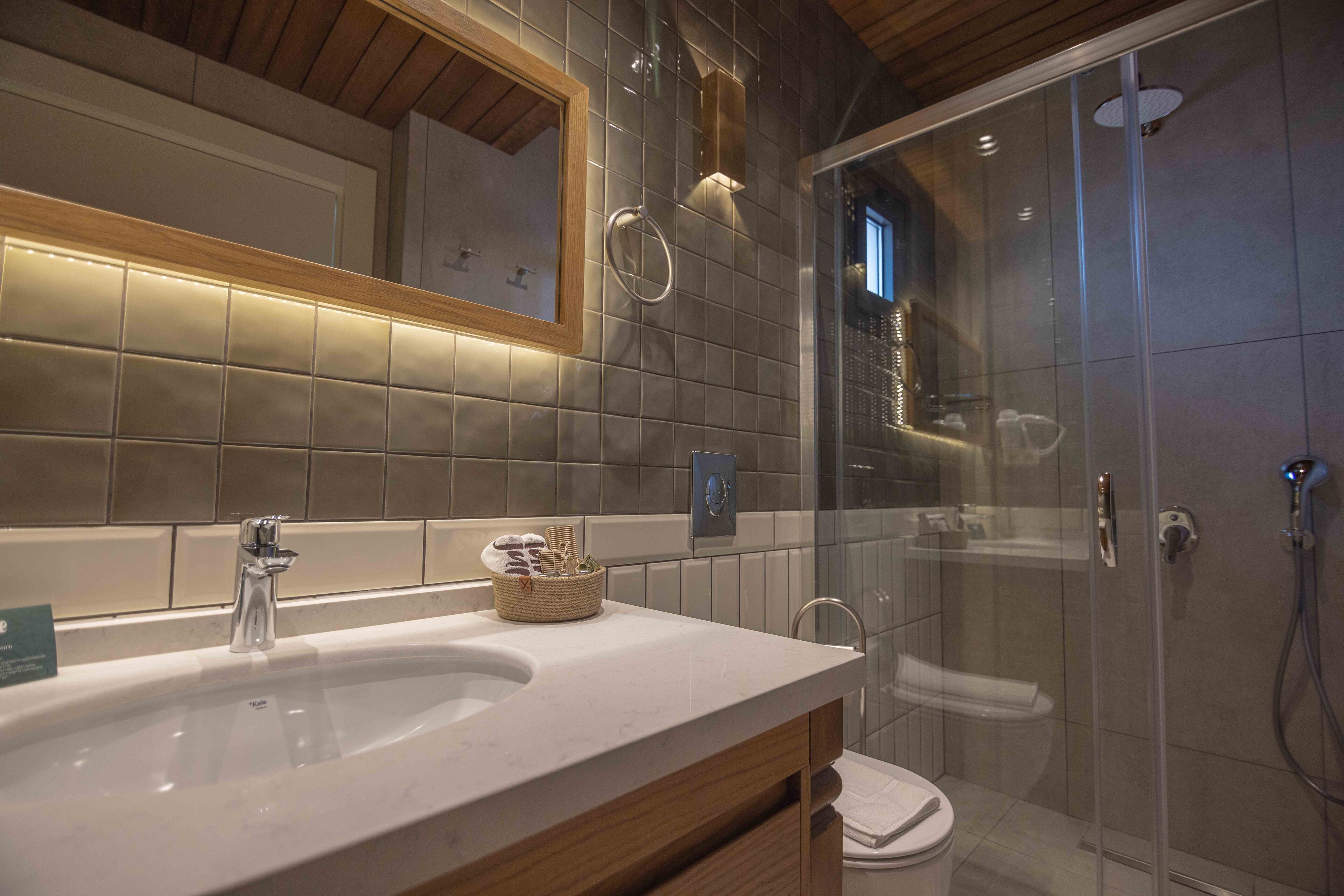 A modern bathroom with a large sink, a mirror, and a glass-enclosed shower.
