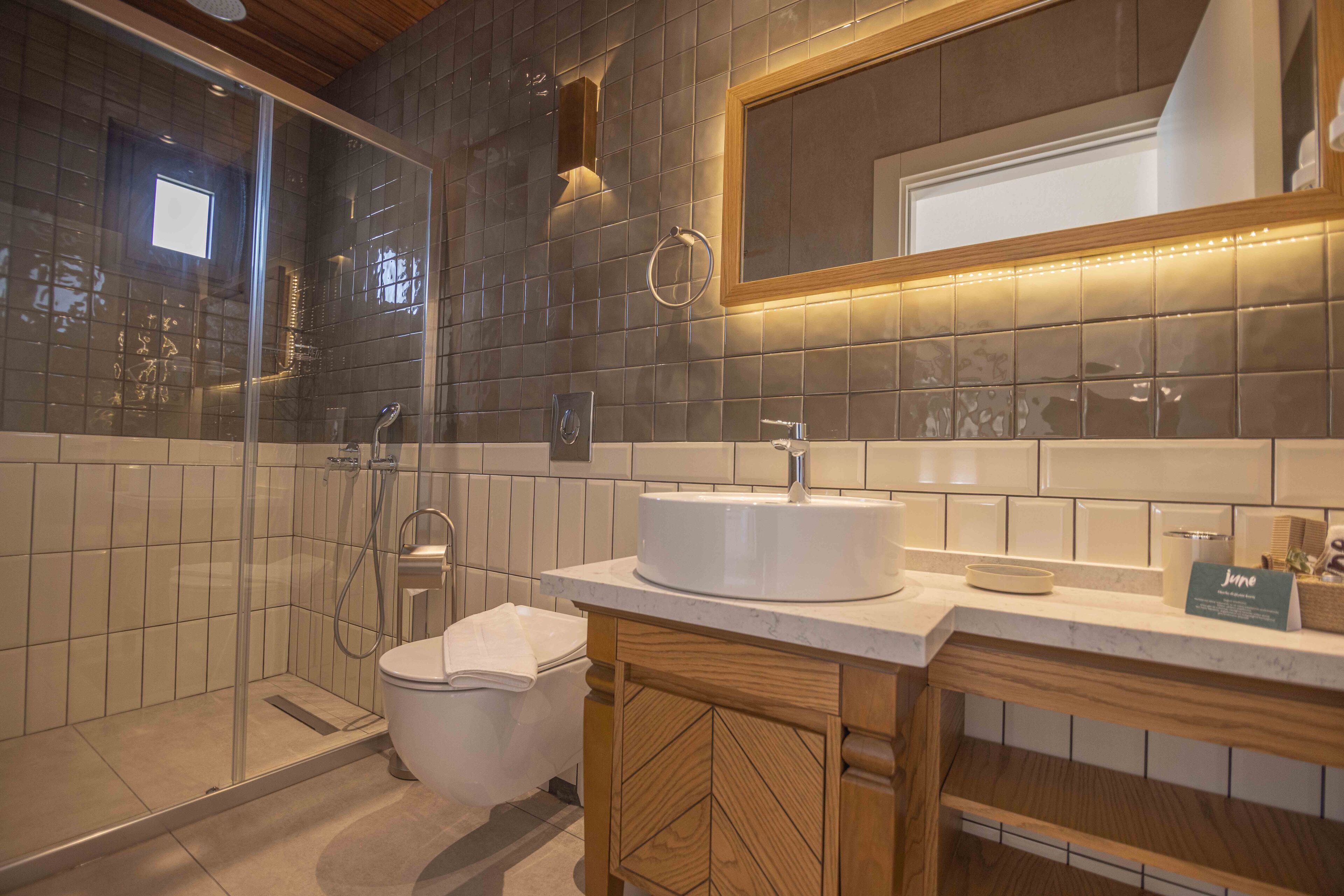 A modern bathroom with a glass shower enclosure, a white toilet, and a vanity with a mirror.