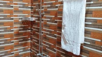 Shower, free toiletries, bidet, towels
