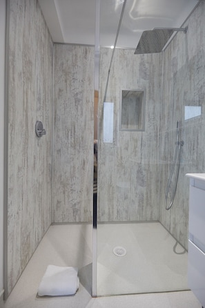 Shower, hair dryer, towels, toilet paper