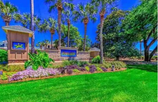 A hotel entrance with palm trees, a sign reading "The Ritz-Carlton," and a well-maintained lawn.