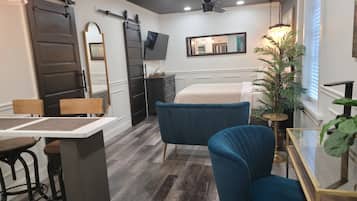 1 bedroom, desk, iron/ironing board, travel cot