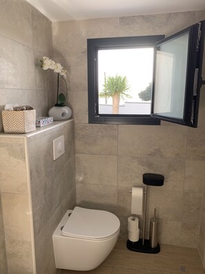 Shower, hair dryer, towels, soap