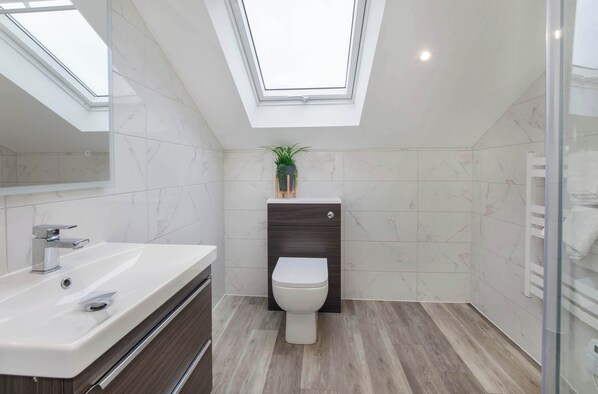 Shower, hair dryer, towels