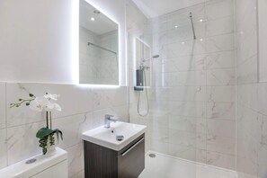 Shower, hair dryer, towels