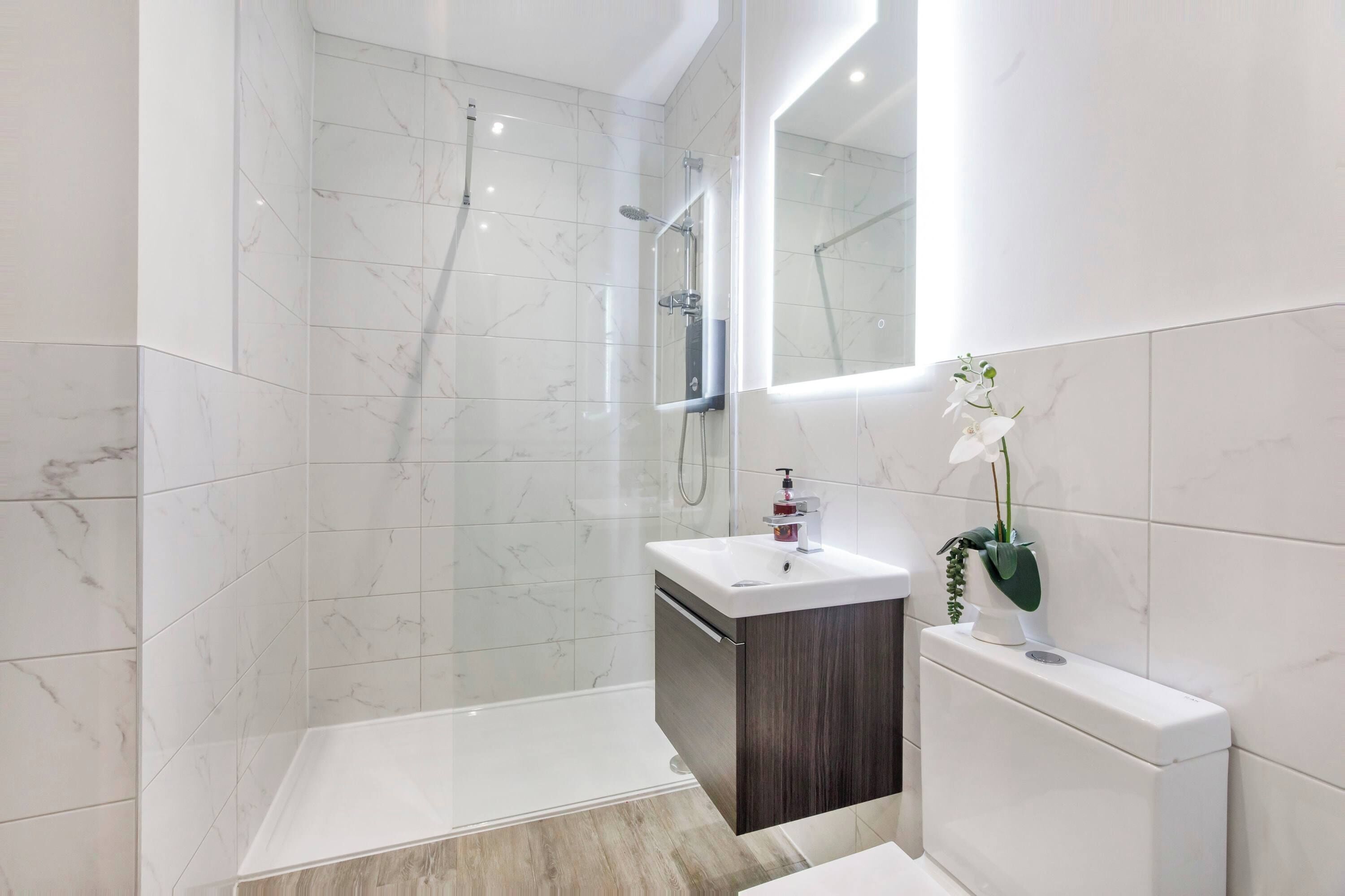 Shower, hair dryer, towels