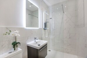 Shower, hair dryer, towels