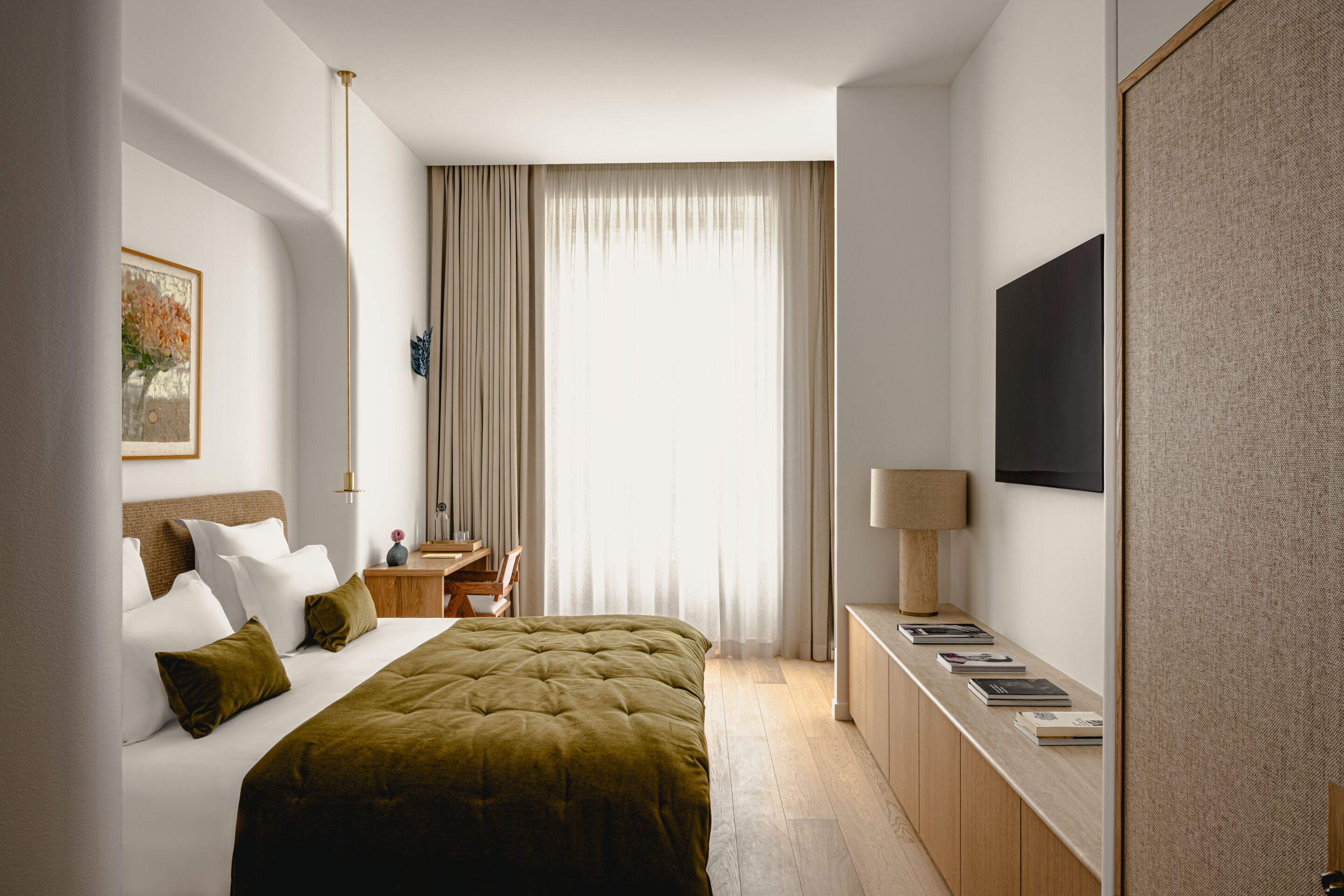 Individually decorated, desk, laptop workspace, blackout curtains