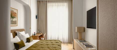 Individually decorated, desk, laptop workspace, blackout drapes