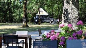 A rustic outdoor seating area with a table and chairs, surrounded by trees and a parked vehicle. - Chalet Nature - Lodges du Bois Dodo (Septfonds)