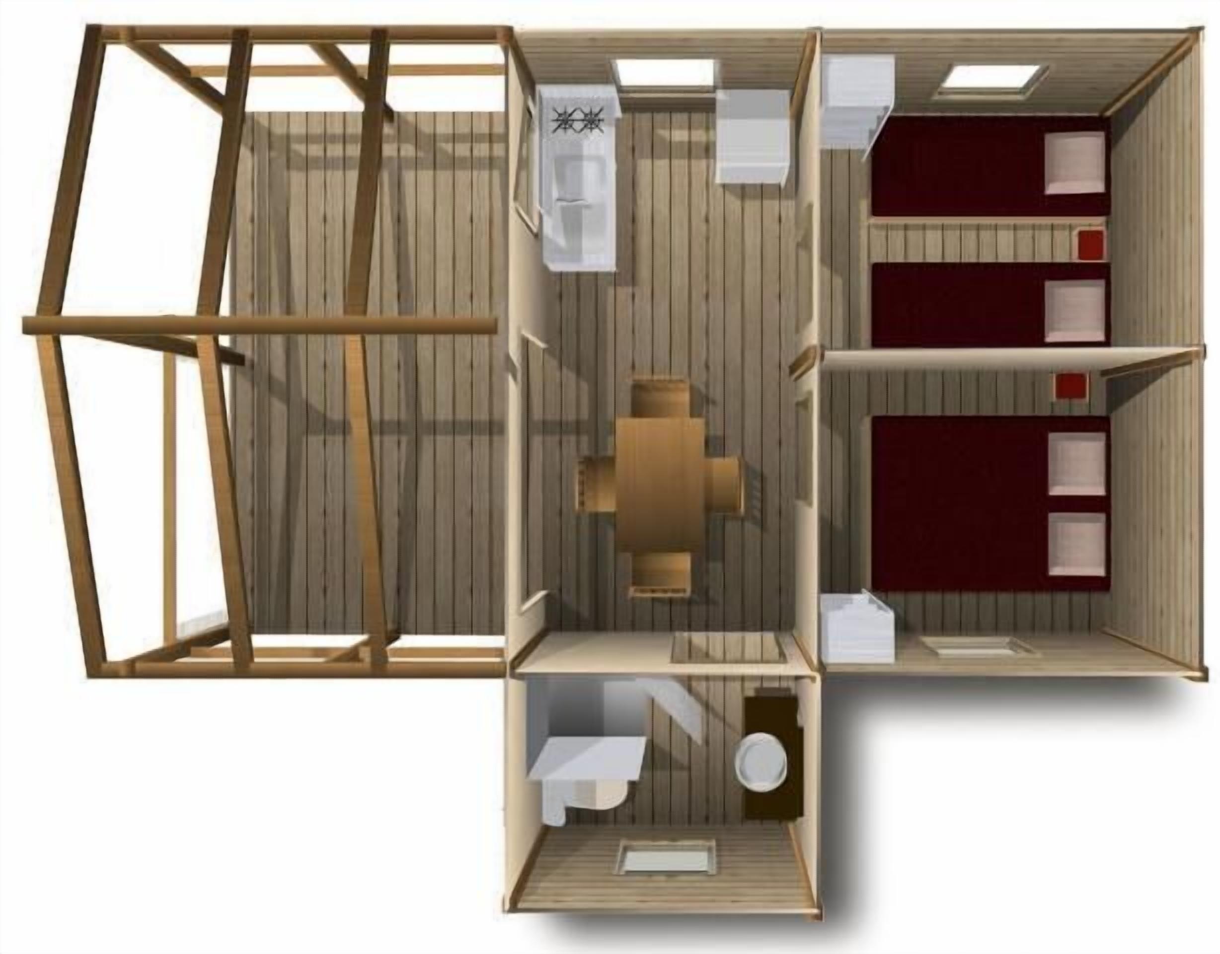 A floor plan of a hotel room with a wooden floor, a dining area with a table and chairs, a bathroom with a toilet and sink, and a separate living area with a sofa and a TV.
