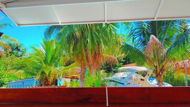 A covered outdoor area with a view of palm trees and a building in the background. - Pousada Renoah (Ubatuba)