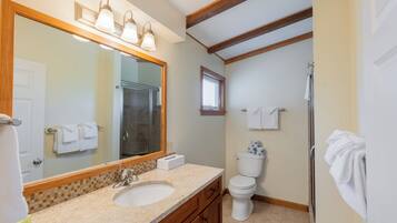 A bathroom with a large mirror, two sinks, a toilet, and a shower.