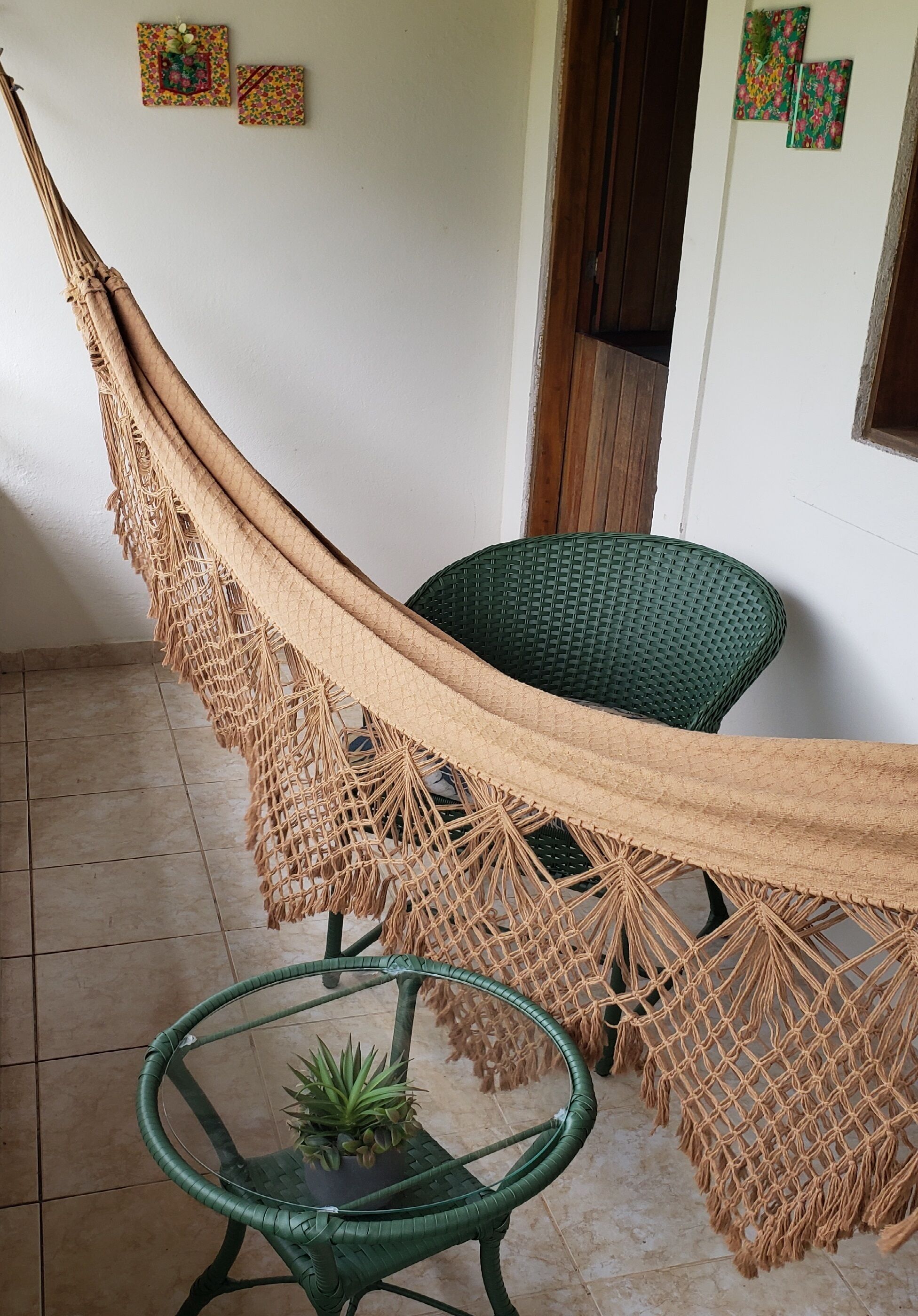 A hammock chair with macrame fringe, a green wicker chair, and a small table with a potted plant.