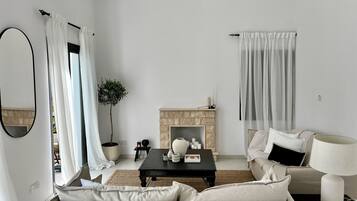 Smart TV, fireplace, books