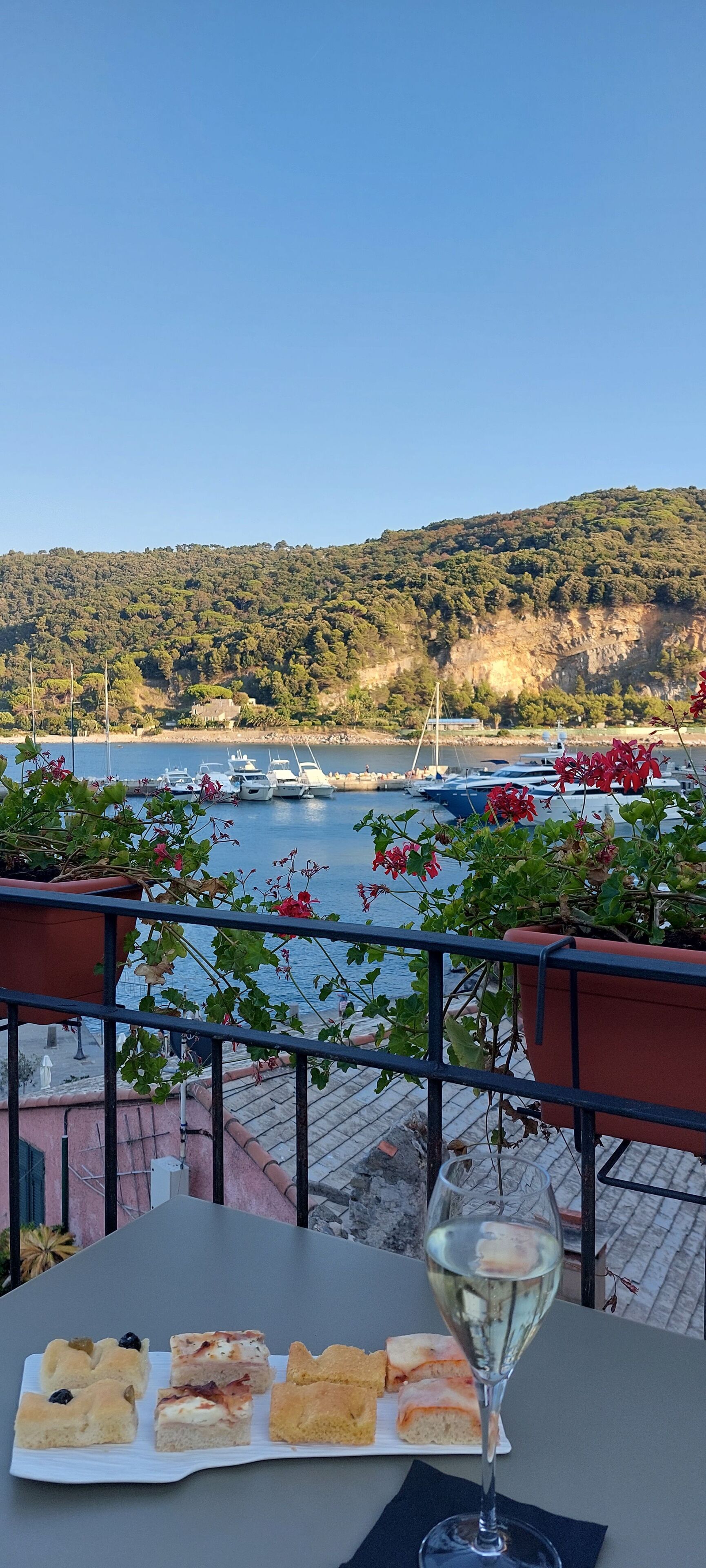 A table with pastries and a glass of white wine, overlooking a marina with boats and a hilly backdrop.