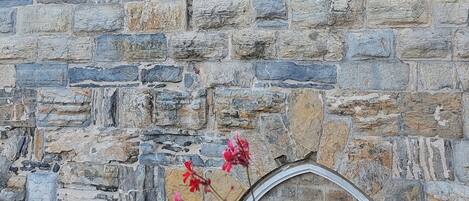 A stone building with a window featuring an arched design.