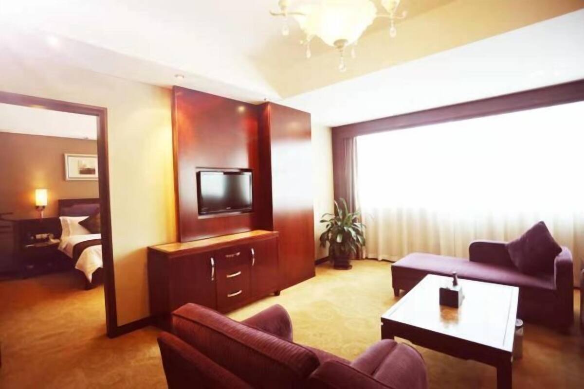 Habitación de hotel con televisión, sofá, mesa de centro y un ventanal grande.