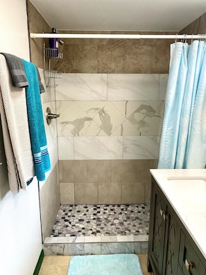 Shower, hair dryer, towels, soap