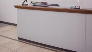 A reception desk with a computer monitor, a telephone, and some papers. - Hotel Delfin (Mar del Plata)