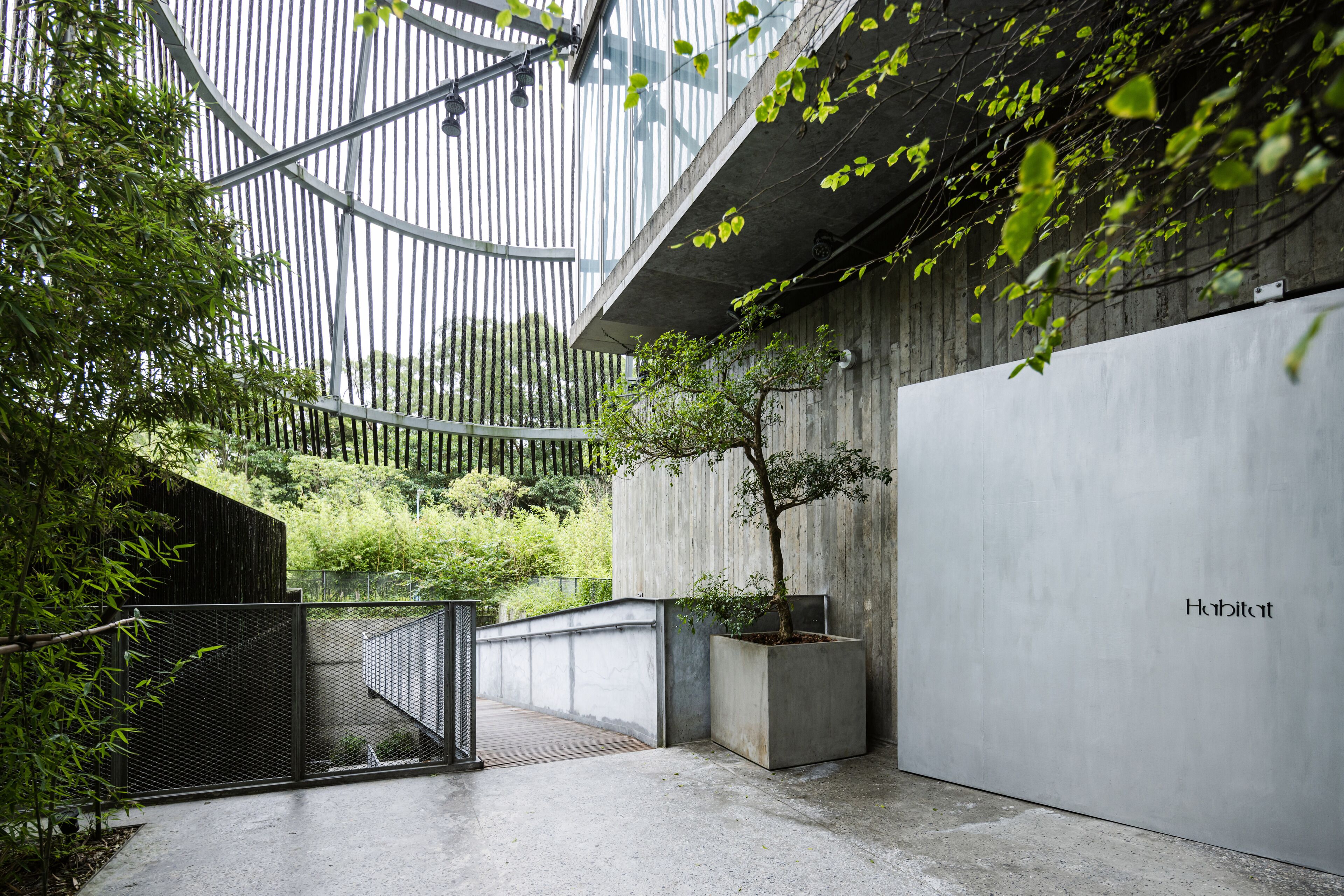 Un edificio moderno con fachada de hormigón, una reja metálica y un pequeño árbol en una jardinera.