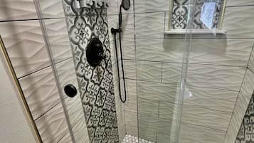 Hair dryer, towels, soap, shampoo
