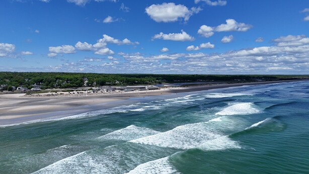 Una playa costera con olas, una orilla arenosa y una zona boscosa al fondo.