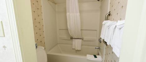 Ein Badezimmer mit Toilette, Badewanne und Duschvorhang.
