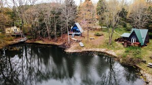 Un chalet au bord du lac, doté d’un quai, entouré d’arbres et avec un petit bateau à proximité.