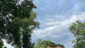 Ein zweistöckiges Haus mit rotem Dach, umgeben von Grünpflanzen und einem gepflegten Rasen.