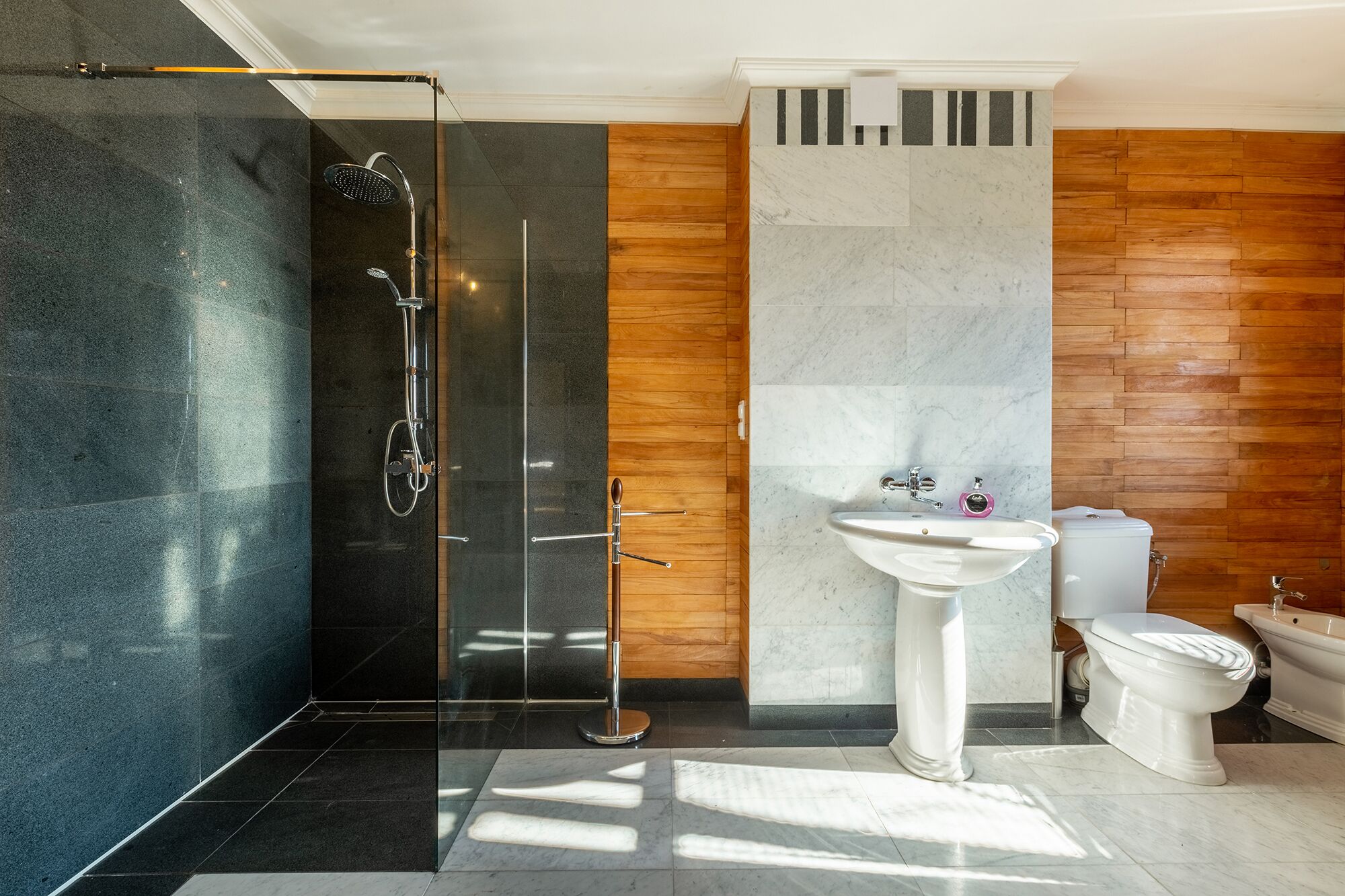 Une salle de bain moderne avec une douche à parois de verre, un lavabo sur colonne et des toilettes.