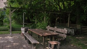 Ein rustikaler Außenbereich zum Sitzen mit einem Holztisch und Bänken, umgeben von Bäumen und einem Pflasterweg.