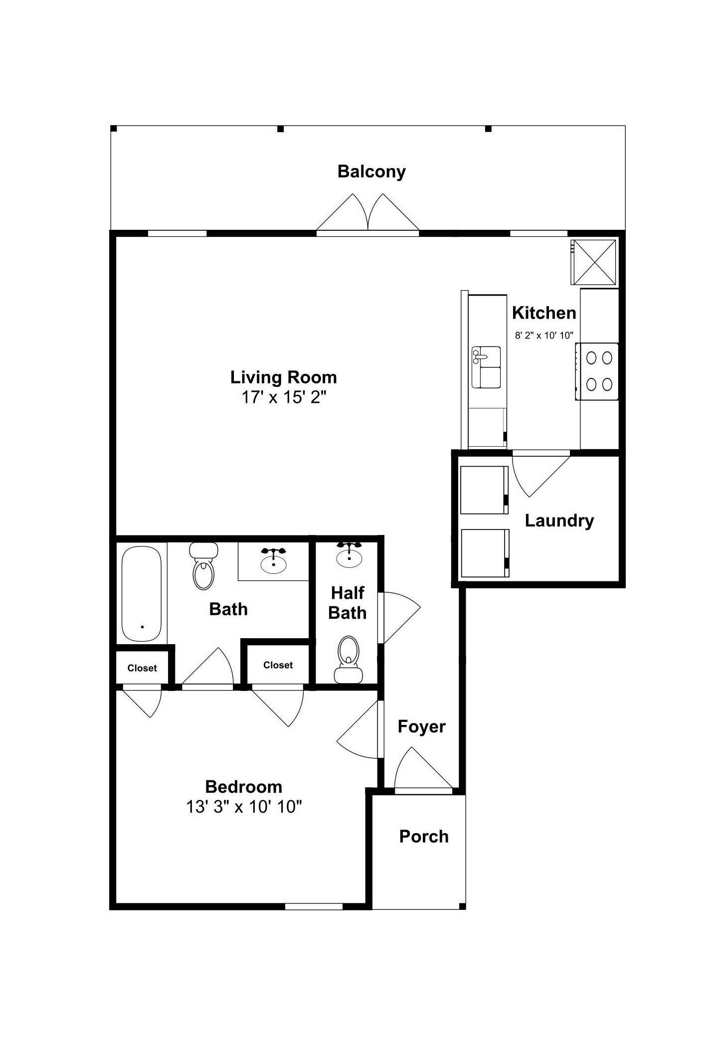 A floor plan with a living room, kitchen, bathroom, bedroom, foyer, balcony, and porch.