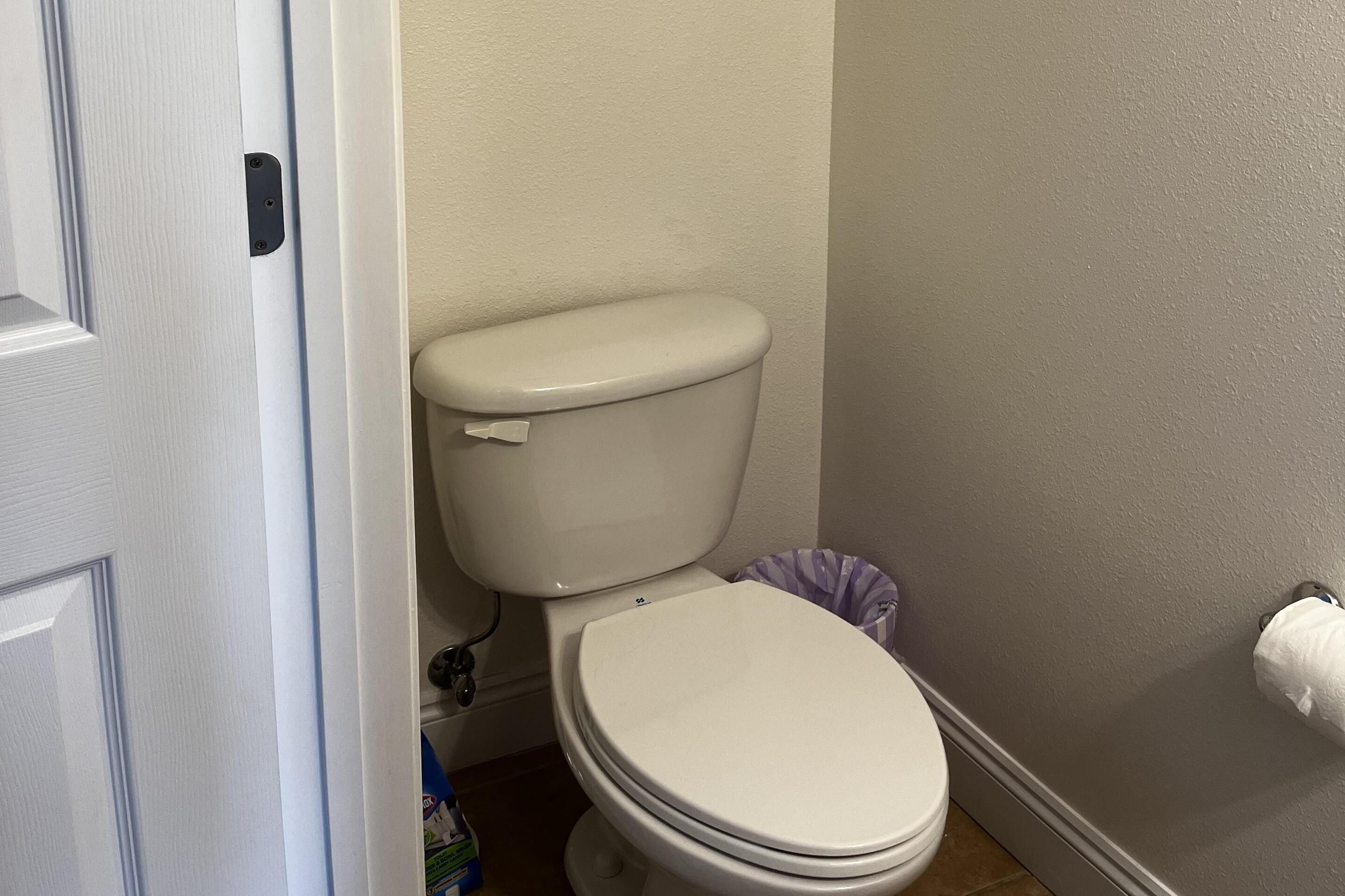 A standard white toilet with a closed lid, a visible toilet paper holder on the right, and a trash bin to the right of the toilet.