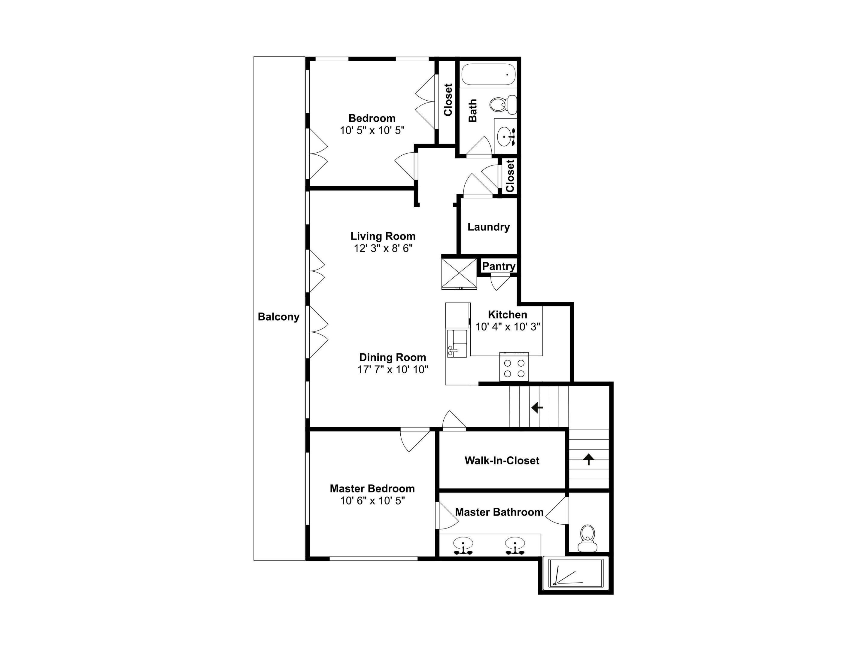 A floor plan of a hotel room with a balcony, master bedroom, master bathroom, walk-in closet, dining room, kitchen, living room, bathroom, and laundry area.