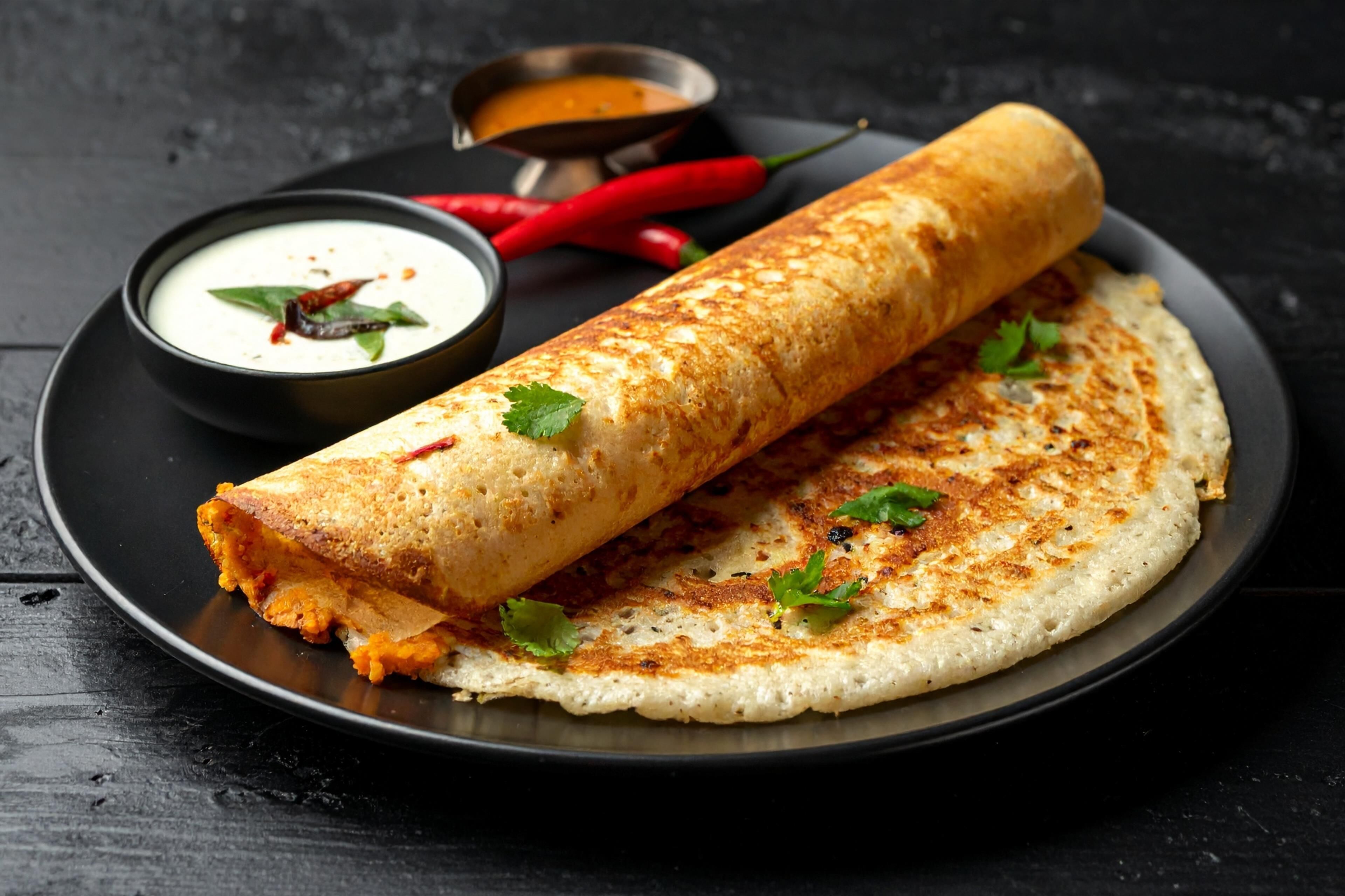 A rolled flatbread with a side of dipping sauce and a small bowl of sauce.