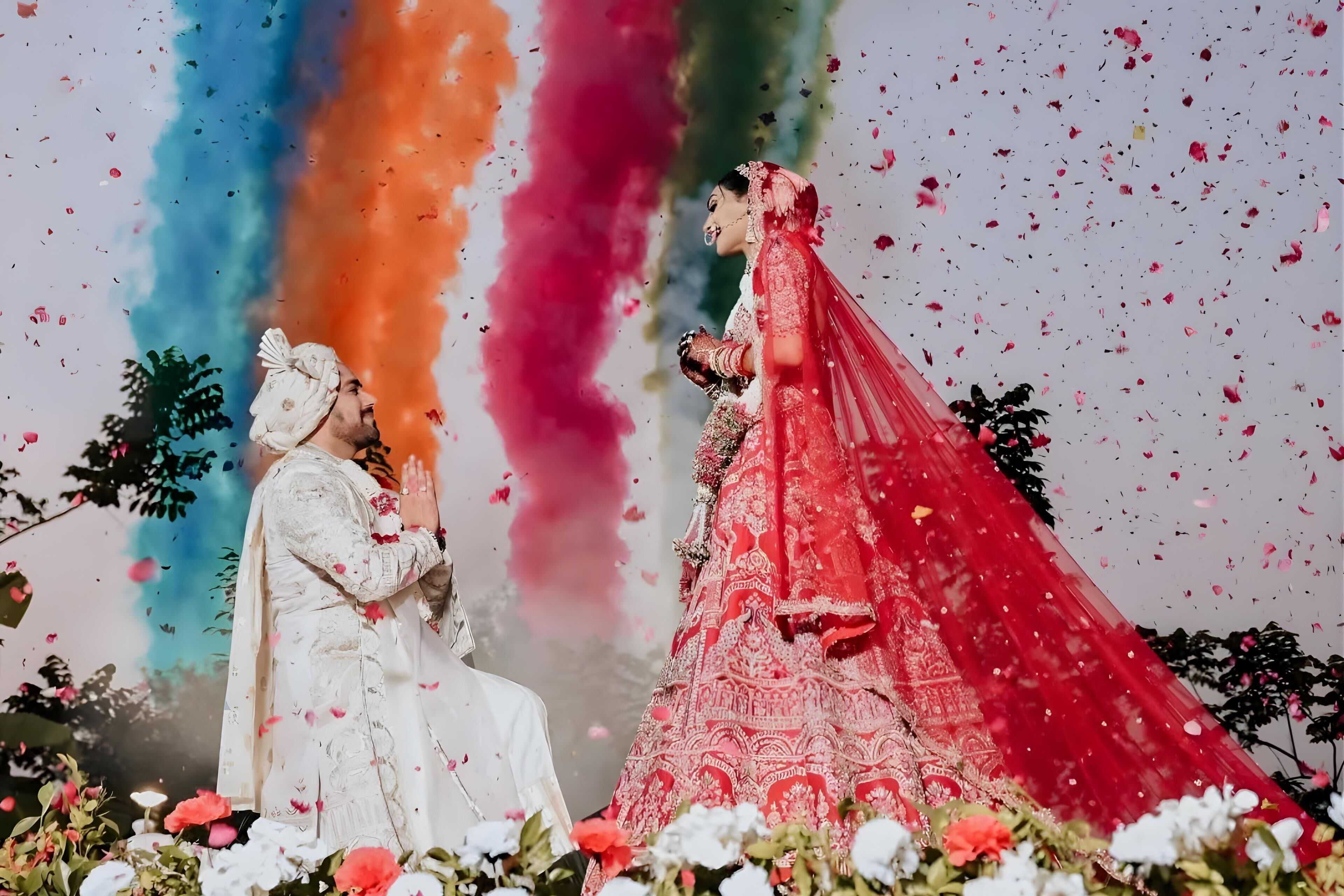 A couple in traditional wedding attire, surrounded by flowers and colorful smoke effects.