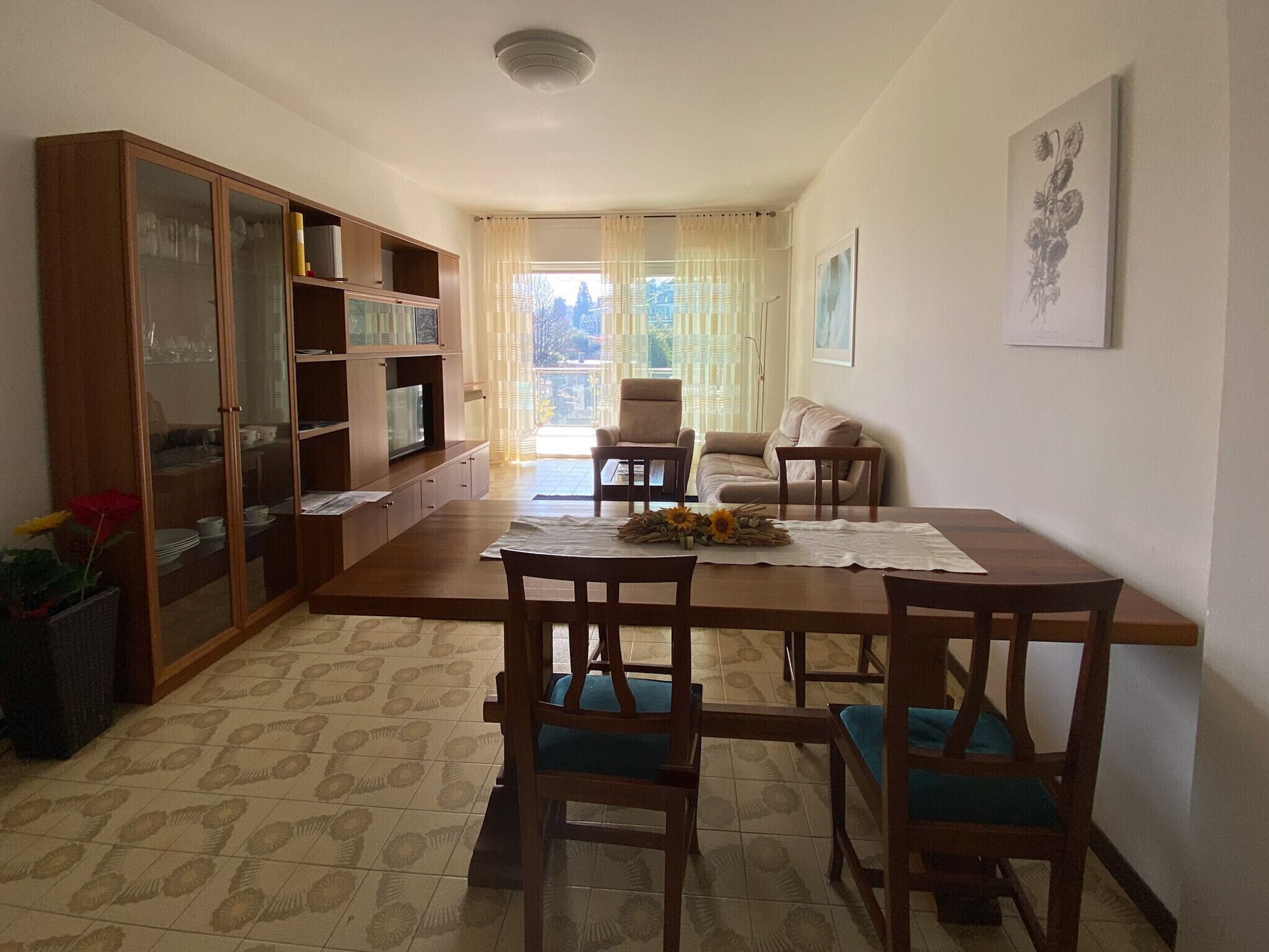 Zona pranzo con tavolo in legno, sedie, un mobile vetrina e un televisore.